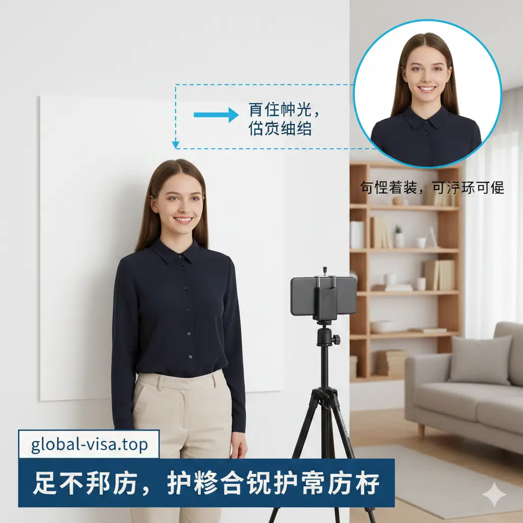 一张实用的DIY拍摄教程示意图。画面展示一个现代明亮的居家环境，一位模特站在纯白墙壁前，前方有一台手机固定在三脚架上进行拍摄。图中通过虚线标注出光线应从正面射入（避免阴影），并以画中画的形式展示模特正确的着装（深色领子）与五官露出的特写。构图采用三分法，色调自然温馨，强调‘足不出户即可拍摄合规照片’的便捷性。