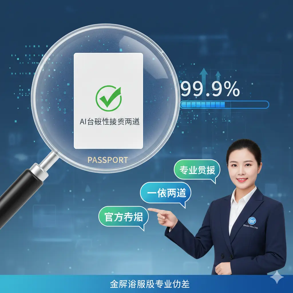 展示Global-Visa.top专业优势的视觉图片。画面中心是一个放大的放大镜，正在扫描一张证件照的边缘和背景，显示‘AI合规性检测通过’的绿色勾选标志。背景融合了数字化处理的元素，如像素格、百分比进度条等。画面右侧展示一名身穿商务装的客服人员形象，传递出‘专业审核、一次通过、官方标准’的核心优势，色彩以成功绿和信赖蓝为主。