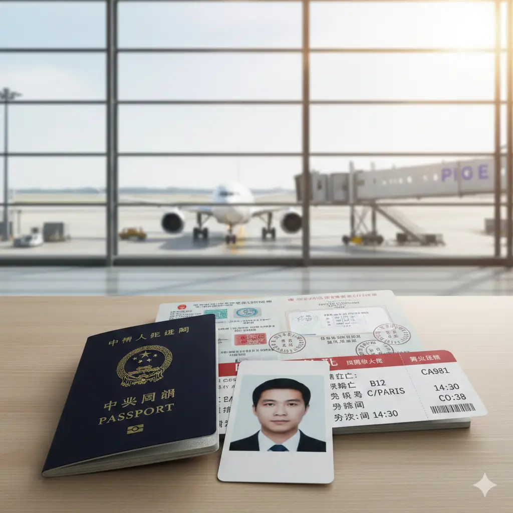 一张极具总结意义和情绪价值的图片。画面近景是一个整齐的办公桌面，上面放着一本已经盖好签证章的护照、一张完美的护照照片和一张飞往远方的登机牌。背景是明亮的机场候机厅落地窗，窗外可以看到准备起飞的飞机。画面充满阳光感和通透感，寓意着只要照片合规、资料齐全，就能顺利开启旅程，给读者留下积极且安心的总结性印象。