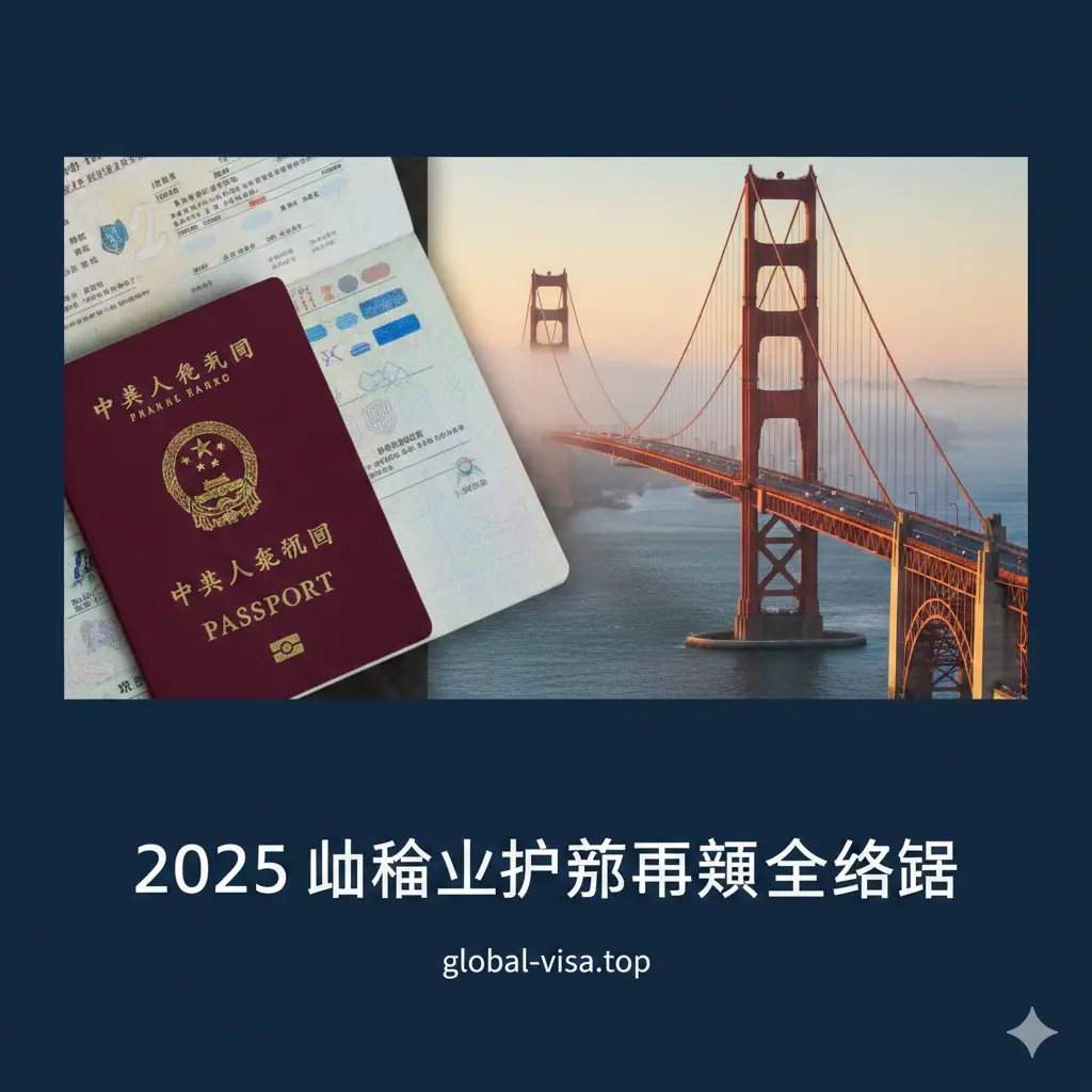 一张高质量的封面图片,展示一本红色的中国护照和旧金山标志性的金门大桥。构图采用三分法,左侧为护照特写,右侧是晨雾中的金门大桥,色调偏向温暖的金色与专业感的深蓝色调。画面中心加入醒目的中文标题“2025旧金山护照更新全攻略”,字体现代且清晰,整体视觉效果大气、权威且极具地域辨识度。