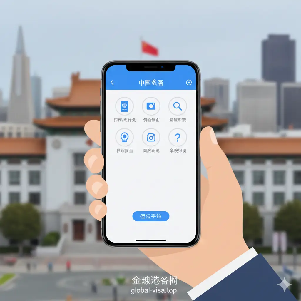 这张图片展示中国领事APP的功能界面逻辑。画面中一只手拿着智能手机,屏幕上显示出APP的UI元素,如“护照/旅行证”申请入口。背景是模糊的旧金山总领事馆建筑外景。采用扁平化设计风格,通过简洁的图标展示“线上申请”、“视频见面”、“进度追踪”等核心功能。色彩明亮,以蓝白色调为主,体现科技感与便捷性。