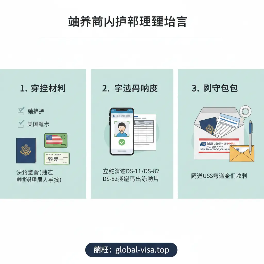 详细的流程图示图片。画面被分为三个逻辑区域:第一部分是准备材料的Checklist图标(护照、绿卡、支票);第二部分是手机人脸识别的示意图;第三部分是邮寄包裹的准备。风格类似现代说明书插画,色彩清新。包含具体的视觉元素如USPS Priority Mail信封和Money Order样样张,帮助用户直观理解每一步的具体操作细节。