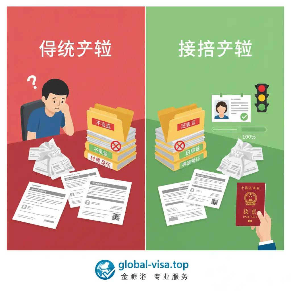 对比图设计,展示global-visa.top提供的专业优势。左侧展示普通申请可能遇到的“照片不合格”、“材料退回”等红色警告标志的混乱场景;右侧展示经过本站指导后,材料整齐、进度绿灯、顺利拿到新护照的有序场景。构图平衡,运用绿色和红色形成鲜明对比,并在底部融入global-visa.top的品牌Logo。