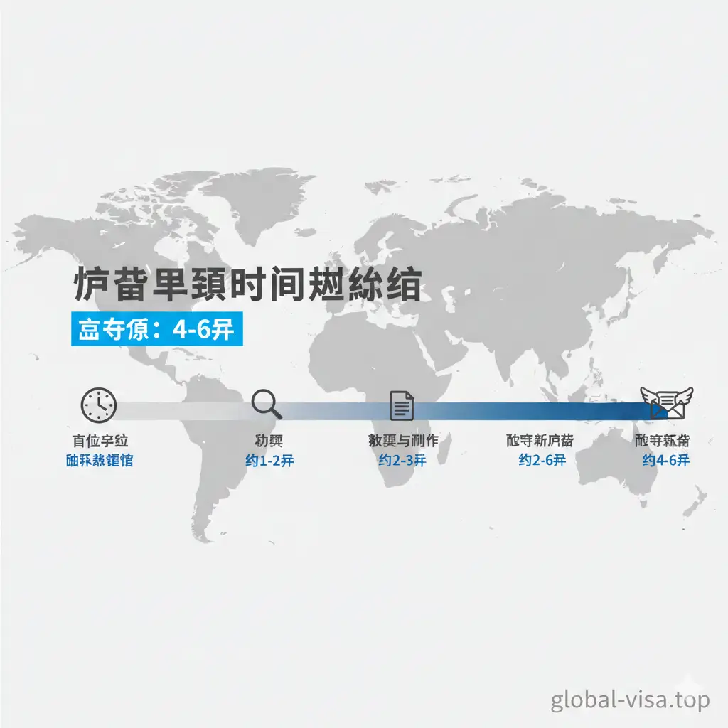 一张清晰的时间轴总结图片。背景是极简的商务风格,淡灰色的世界地图底纹。核心内容是一条从左到右延伸的进度条,标注了从提交申请、初审、复审到邮寄新护照的4-6周关键节点。每个节点配有小图标,如时钟、邮件和信封。文字使用深灰色,关键时间点用亮蓝色突出。