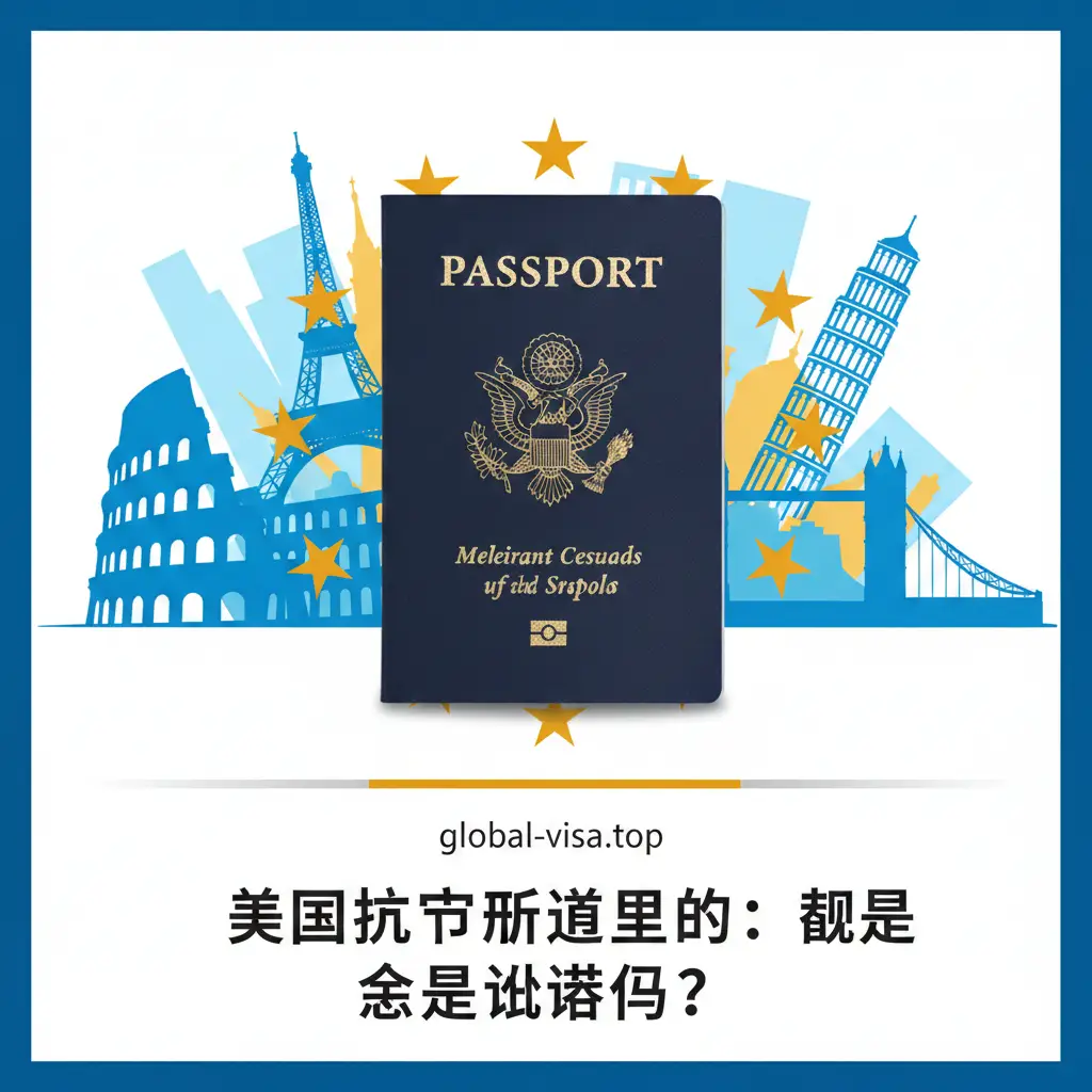 一张高品质的封面大图，画面中心是一本深蓝色的美国护照，背景是标志性的欧洲景观如埃菲尔铁塔和比萨斜塔的剪影。色彩采用明亮的蓝色与金色调，营造国际旅行的氛围。构图上护照处于视觉中心，周围环绕着象征欧盟的十二颗金星，文字层可留白。整体风格专业、现代且具有权威感，体现出global-visa.top的专业咨询形象。