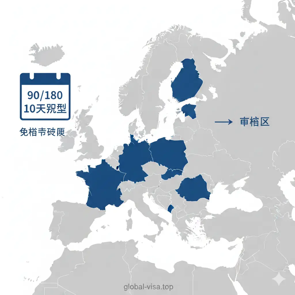 一张展示申根区规则的功能性图片。画面采用扁平化设计风格，展示一张欧洲地图，不同申根国家用深蓝色高亮标注。图表左侧展示一个日历图标，重点标注'90/180 Days'字样。色彩搭配使用清爽的蓝、白、灰色调，构图简洁直观，帮助用户一眼理解免签停留的时间限制和地理范围，体现政策的严谨性。