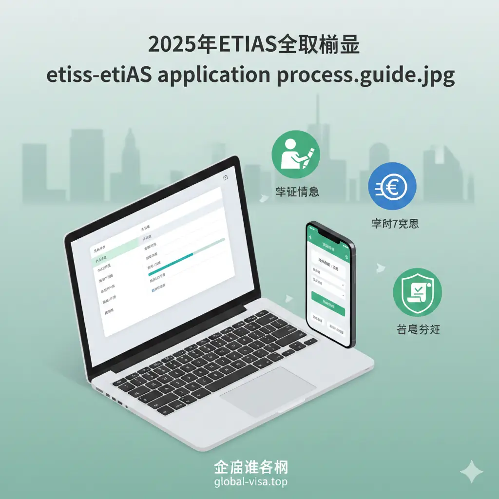 一张展示2025年ETIAS在线申请流程的教程图片。画面中出现一台笔记本电脑和智能手机，屏幕上显示出简洁的电子表格界面和进度条。旁边有拟人化的图标代表‘填写信息’、‘支付7欧元’、‘获得授权’三个步骤。色调以科技绿和商务蓝为主，构图采用透视角度，展示出申请流程的高效与便捷，符合教程指导的需求。