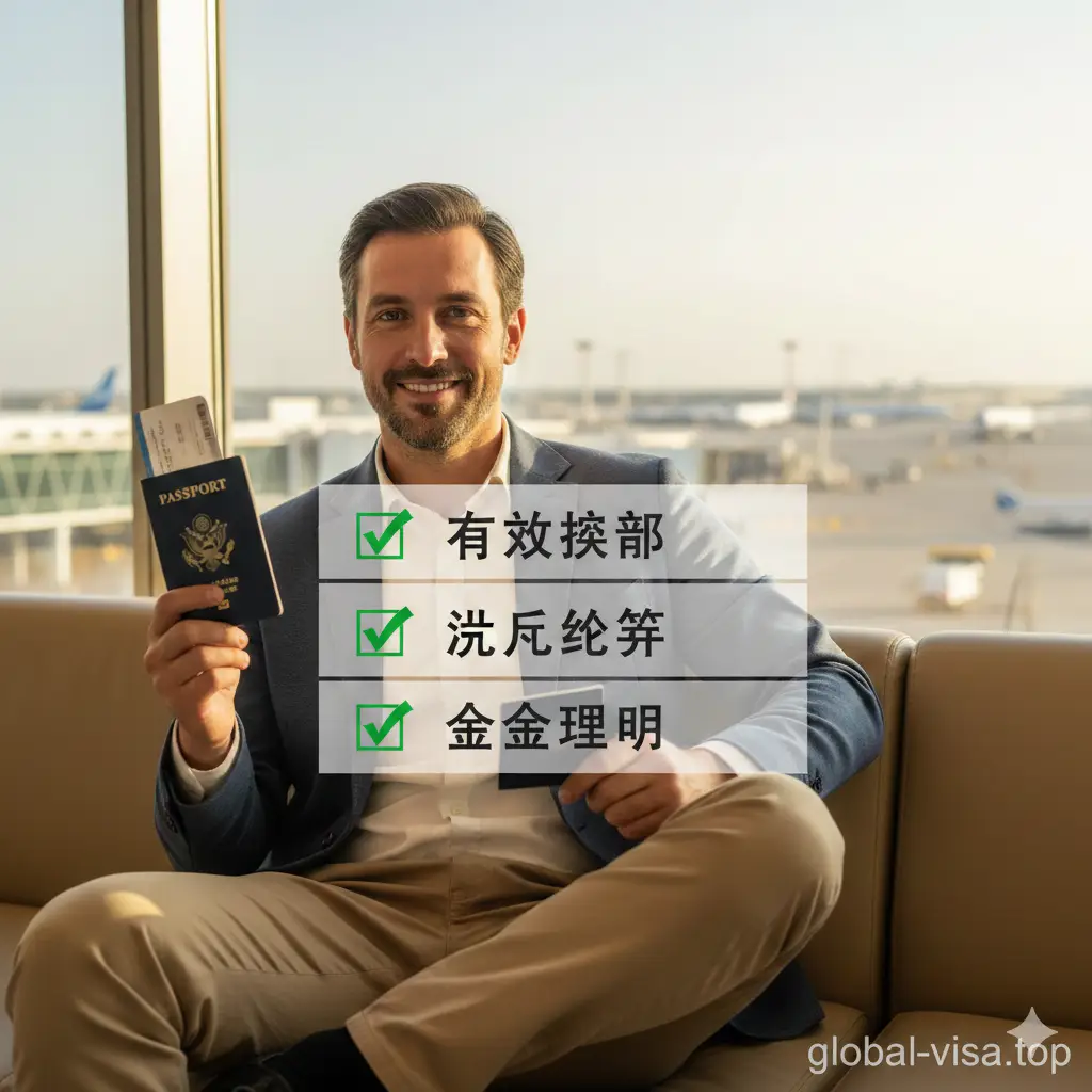 一张强调美国护照优势与入境准备的视觉图片。画面展现一名自信的旅行者在机场贵宾厅，手持美国护照与登机牌，背景是模糊的航站楼玻璃窗。画面中以复选框的形式浮现核心要素：有效护照、往返机票、资金证明。色彩温暖且光影自然，构图采用中景镜头，传递出从容不迫、准备充分的旅行优越感。