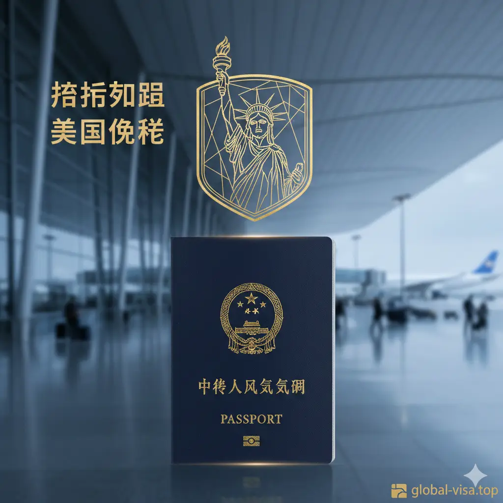一张极具商务感和旅行感的封面图。画面中央是一本深蓝色的生物识别护照，护照上方悬浮着精致的美国自由女神像金色线条轮廓，背景是模糊的现代化国际机场航站楼。色调以科技蓝和高级灰为主，局部点缀代表成功的金色。构图采用中心对称，光影柔和，展现出一种高端、权威且畅通无阻的全球出行氛围，突出免签美国护照的高含金量。