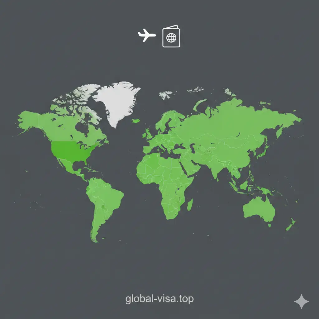 一张清晰直观的全球地图，专门标注出免签美国的签证豁免计划（VWP）成员国。地图采用扁平化设计风格，海洋为深灰色，VWP国家用醒目的鲜绿色或亮蓝色高亮显示。地图上方配有简约的图标，如小飞机和护照符号。构图开阔，色彩对比鲜明，让用户一眼就能识别出哪些地区属于美国免签范围，侧重于信息的功能性展示。