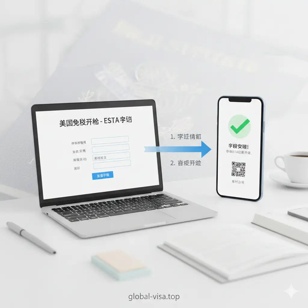 一张展示ESTA申请流程的教程图片。画面左侧是一个发光的笔记本电脑屏幕，显示着简化的申请表单界面；右侧是一个智能手机，显示申请成功的绿色对勾标志。背景包含护照底纹和淡雅的办公文具。色彩明亮，以白色和浅蓝色为基调。整体风格专业且富有指引性，通过箭头或序号元素引导视觉流，体现出申请过程的便捷与规范。