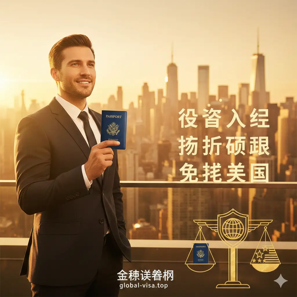 一张体现投资入籍与身份规划优势的视觉图片。画面展现一名穿着考究的商务人士手握一本马耳他或欧盟护照，背景是繁华的纽约曼哈顿天际线。画面中融入了金色天平或盾牌元素，寓意安全、法律保障和通行自由。色调温暖，光影富有层次感，强调“免签美国”作为顶级护照核心优势的身份价值，构图大气且充满吸引力。