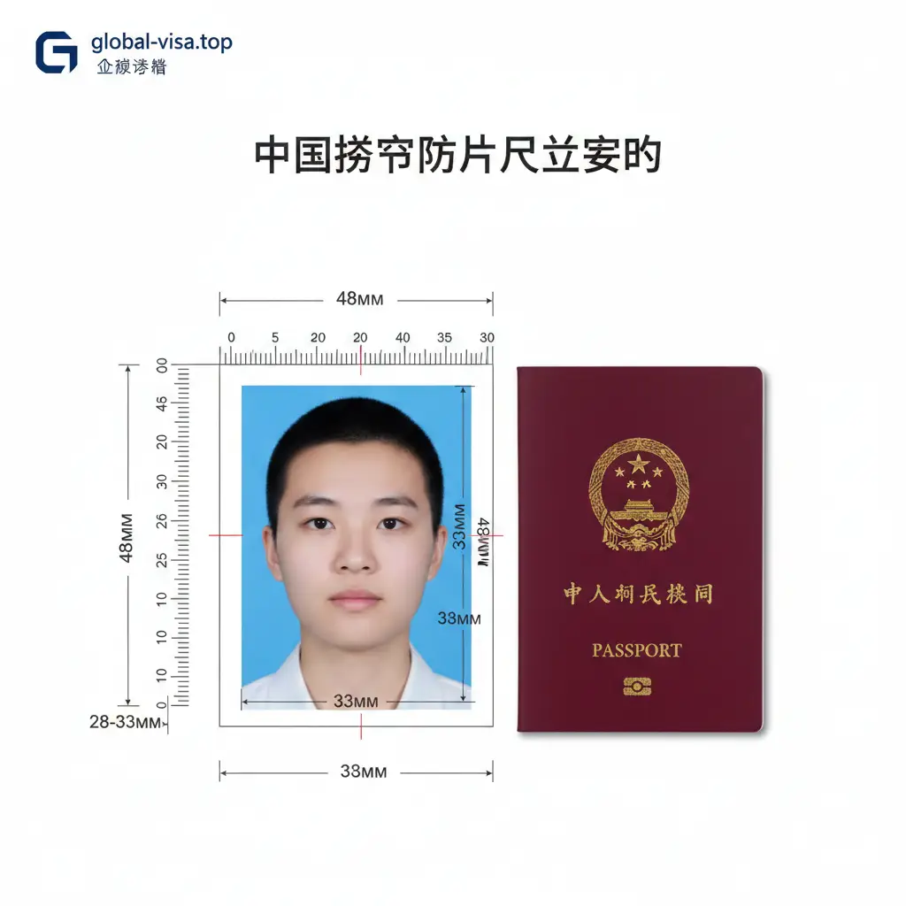一张高质量且专业的封面图。画面中央是一张符合中国护照标准（33mm x 48mm）的华人面孔证件照，背景为纯白色。照片周围环绕着精密测量的刻度线和数字标注，突显尺寸的准确性。侧边放置一本深红色的中国护照封皮。整体色调以白色、深红色和深蓝色为主，风格现代、权威且清晰，具有强烈的视觉引导力，左上角带有global-visa.top的极简风格标志。