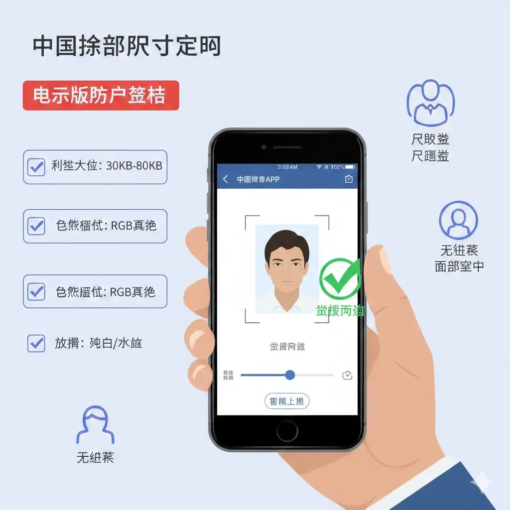 展示中国领事APP电子照片审核功能。画面中一只手拿着智能手机，屏幕上显示正在检测一张证件照，并伴有绿色的‘审核通过’对勾标识。背景通过信息图表展示30KB-80KB和RGB真彩色等核心参数。风格采用科技感十足的扁平化设计，色彩明快，强调电子版照片的合规性和数字化的便捷处理，构图聚焦于手机屏幕操作。