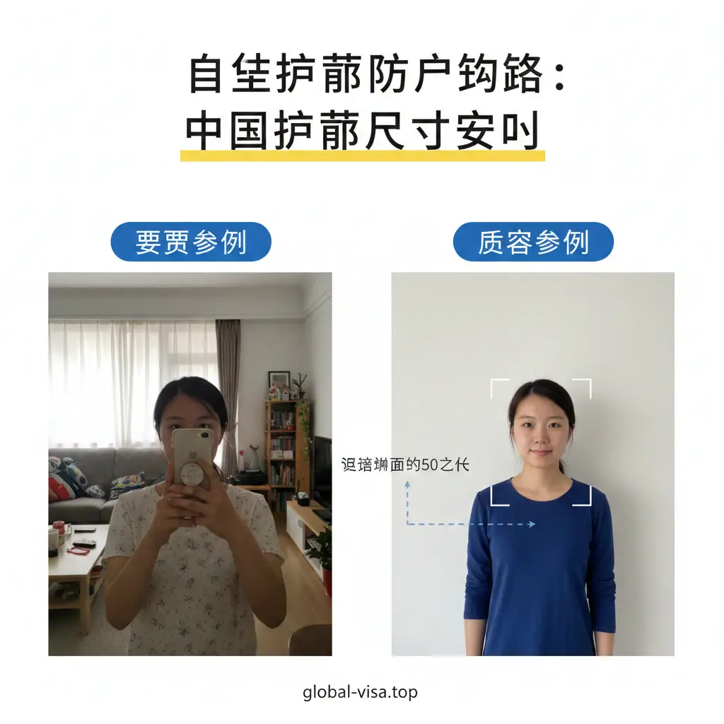 一张展示在家手机自拍护照照片的教程示意图。画面分为左右对比，左侧展示错误的拍摄场景（背光、杂乱背景），右侧展示正确的拍摄场景（面对窗户自然光、纯白墙壁、穿着深色圆领衫）。图中加入虚线箭头指引拍摄者与墙壁的距离。色彩自然明亮，构图简洁直观，让用户一眼就能领会拍摄技巧，体现global-visa.top的实用教学风格。