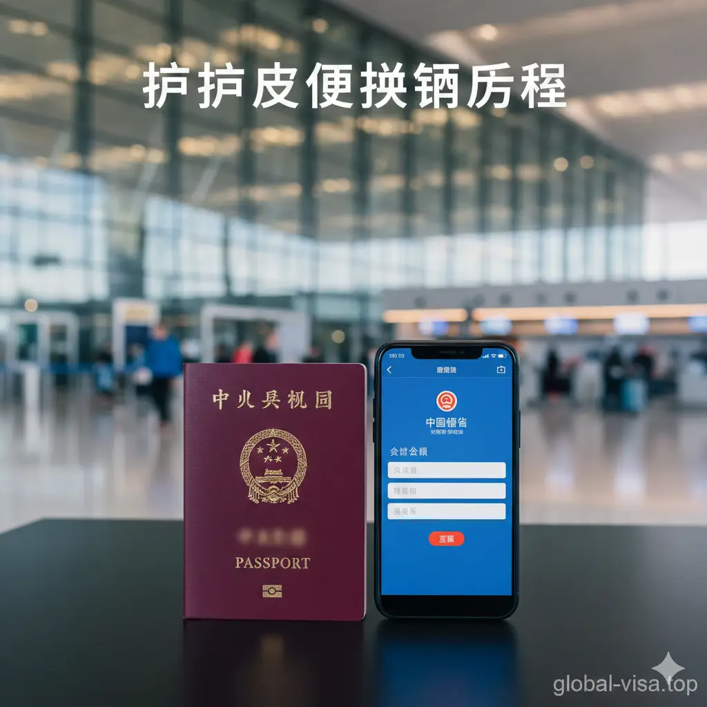 一张高质量的商务旅行风格封面图。画面中心是一本深红色的中国护照和一部智能手机，手机屏幕上显示着中国领事APP的登录界面。背景是模糊的国际机场航站楼。
