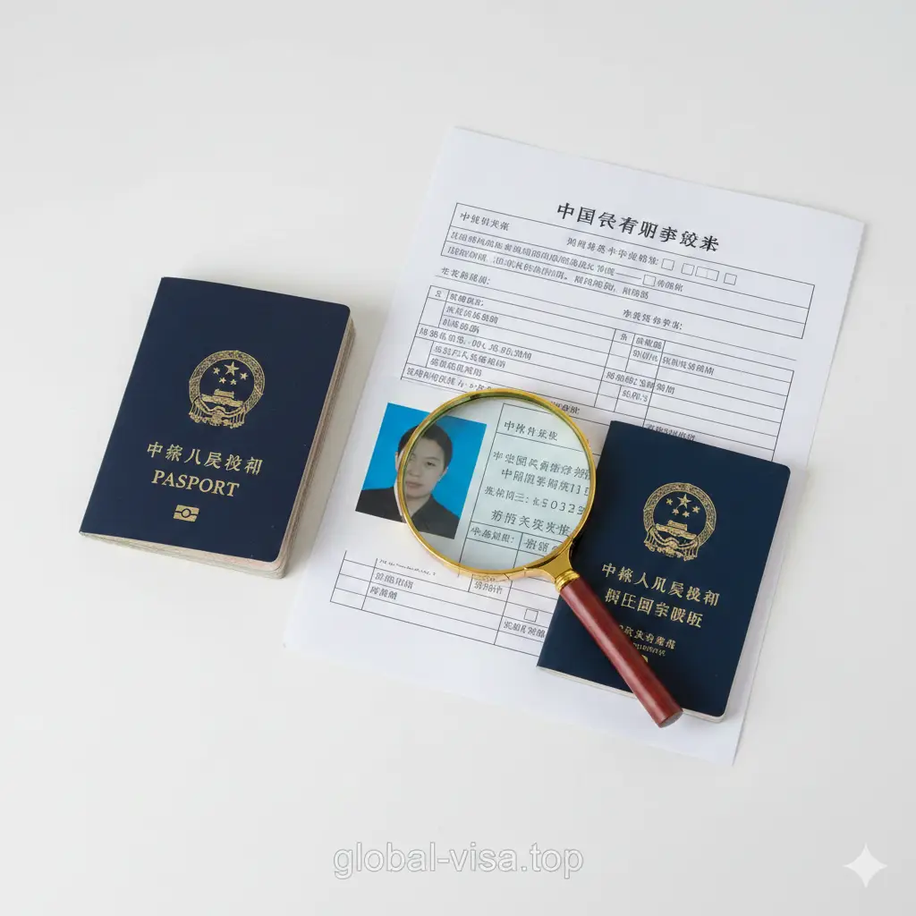 一张清晰的静物组合图，展示办理护照所需的各项核心材料。桌面上整齐摆放着旧护照、中国居民身份证、白底证件照片、以及一份打印好的申请表格。