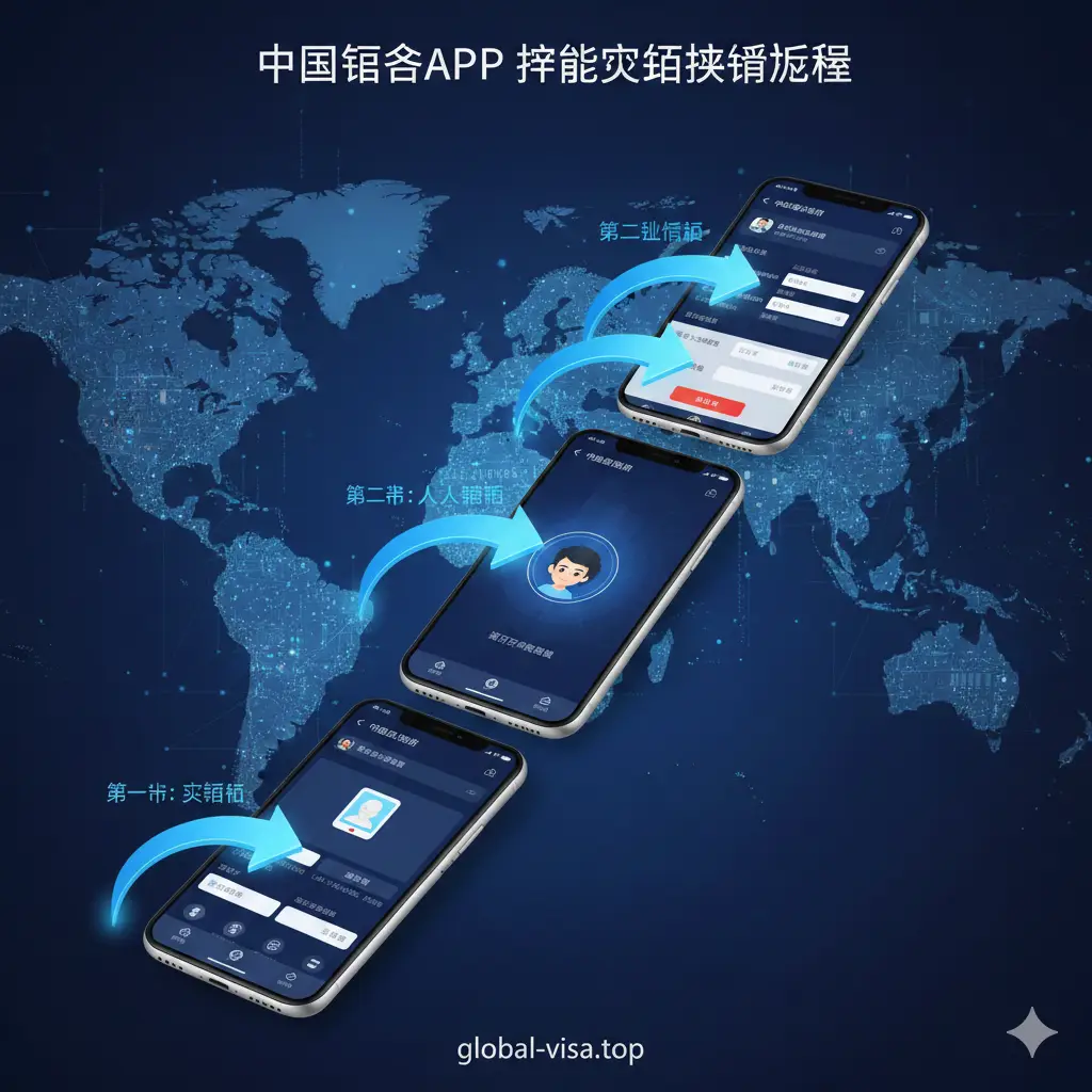 一张具有科技感的手机操作步骤拆解图。画面展示了多部智能手机以阶梯式排列，分别呈现‘中国领事APP’的操作界面。