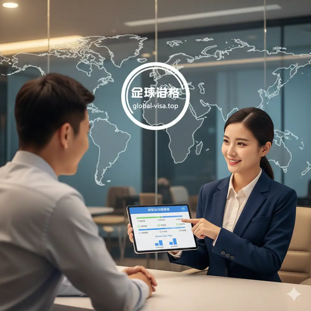 一张体现专业顾问服务的场景图。一位服务顾问正在向客户展示护照换领的进度条，突出平台在材料预审方面的优势。