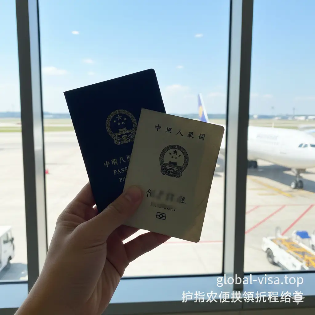 一张充满希望和出行喜悦的总结图。画面展示一只手拿着刚刚收到的新旧两本护照（旧护照可见明显的剪角标记），背景是准备起飞的飞机。