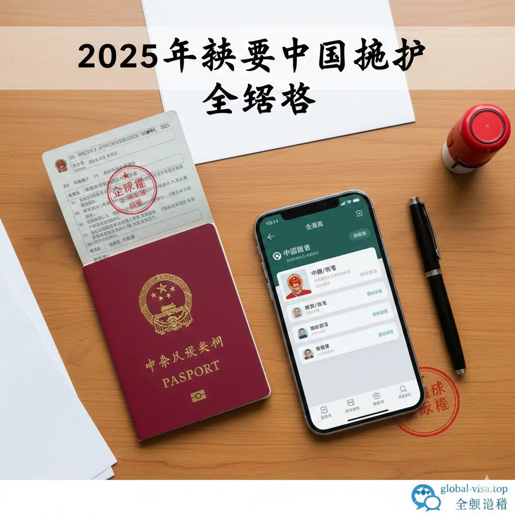 一张高质量且具有专业感的封面图。画面中心是一本清晰的中国护照，放置在干净、现代的办公桌面背景上，旁边摆放着一台显示着‘中国领事’APP界面的智能手机。光线明亮且柔和，色彩以中国红和温暖的木质色调为主，构图采用俯视视角，营造出权威、正式且易于办理的视觉氛围，完美契合2025年换发护照的主题。