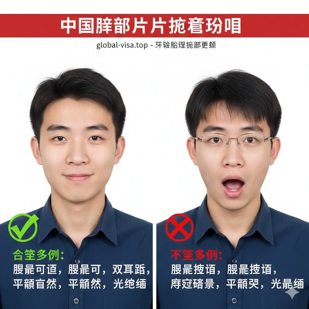 一张详细的护照照片拍摄教程示意图。采用左右对比或九宫格构图，展示一名穿着深色衣服、背景纯白的中国青年。图中用绿色对号和红色叉号清晰标注出眉毛可见、双耳露出、表情自然等关键要求。色调清新，光影均匀无阴影，具有极强的实用性和教学指导意义，帮助用户规避退件风险。