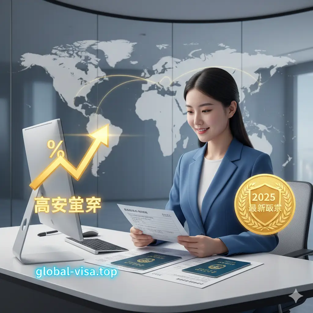 体现Global Visa专业优势的视觉图片。画面展现一名专业的客服人员正在处理护照申请材料，背景是一个带有全球地图背景的现代化办公室。图中融入了‘2025最新政策’和‘高成功率’的抽象视觉符号，如向上的箭头和金色质感的勋章。色彩明快，强调信任感、专业性以及对海外华人需求的深度理解。