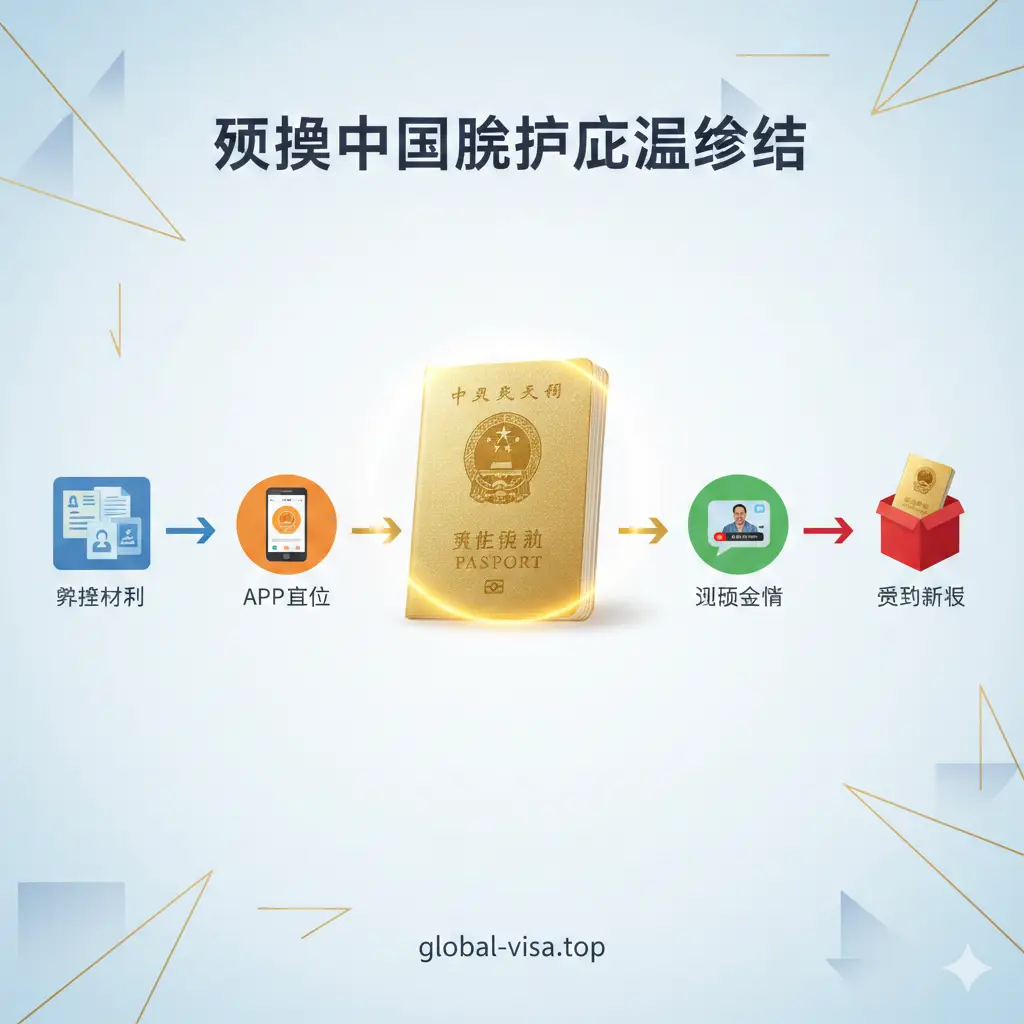 总结性信息图表风格的图片。背景是淡雅的几何纹理，画面中以流向图的形式串联起‘准备材料’、‘APP提交’、‘视频见面’到‘收到新证’的四个关键节点。中心位置有一本散发着光芒的新护照，寓意办理成功。整体构图平衡，色彩和谐，给人以清晰、圆满的总结感，引导读者完成最后的办理步骤。