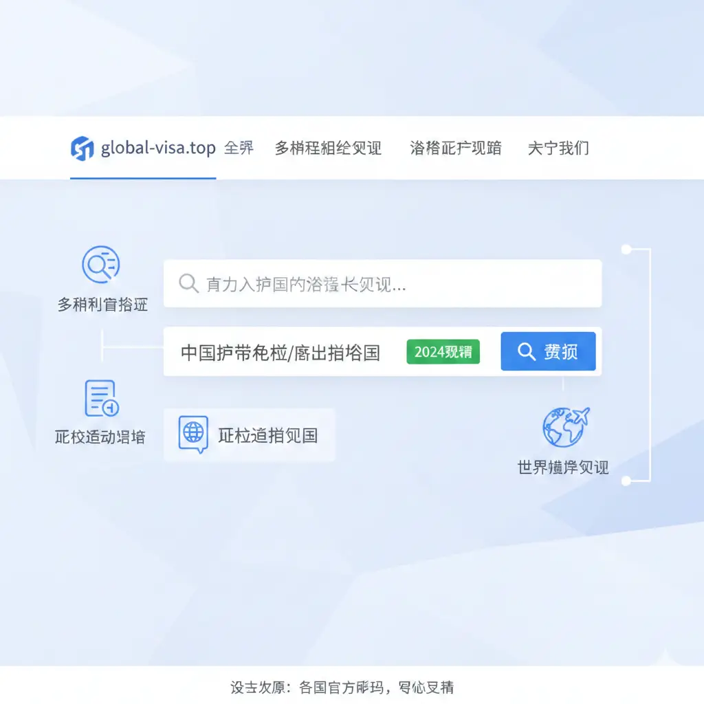 展示global-visa.top网站的核心功能界面。画面采用干净的极简科技感风格,以浅蓝色和白色为主基调。展示一个智能搜索框,输入框内显示‘持有美签可免签国家查询’。
