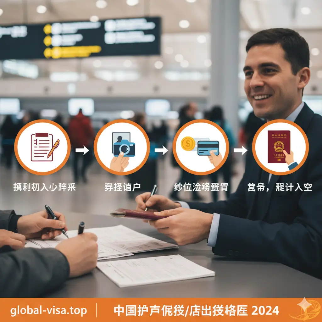 一张清晰的流程引导示意图,背景是模糊的国际机场入境大厅。画面中有序排列着四个步骤的精美图标:填表、准备照片、支付费用、盖章入境。