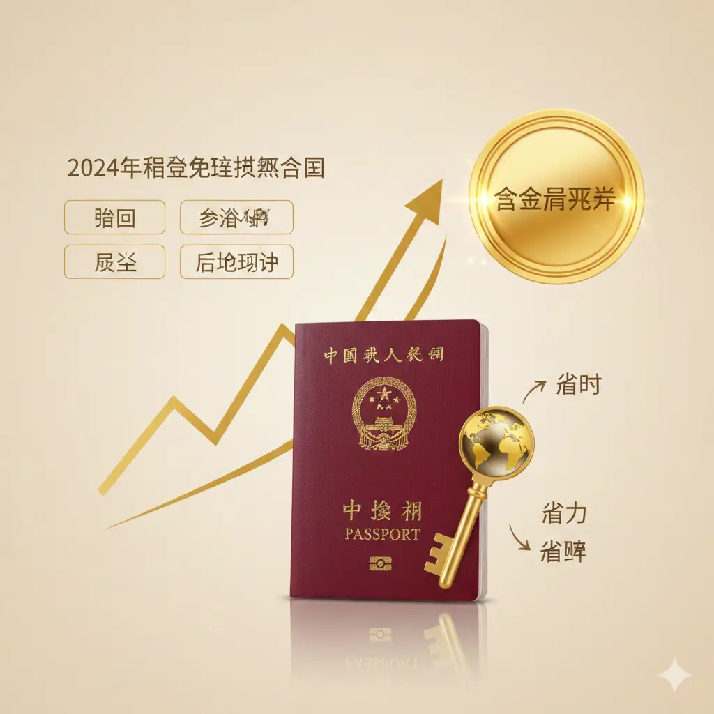 一张对比感强烈的优势展示图。左侧是2024年新增的免签热门国家名单(泰国、新加坡、巴西、格鲁吉亚),右侧是一枚闪耀的金色徽章,写着‘含金量飞升’。背景使用了淡雅的香槟金色,结合上升的统计图表曲线,象征着中国护照免签数量的持续增长。