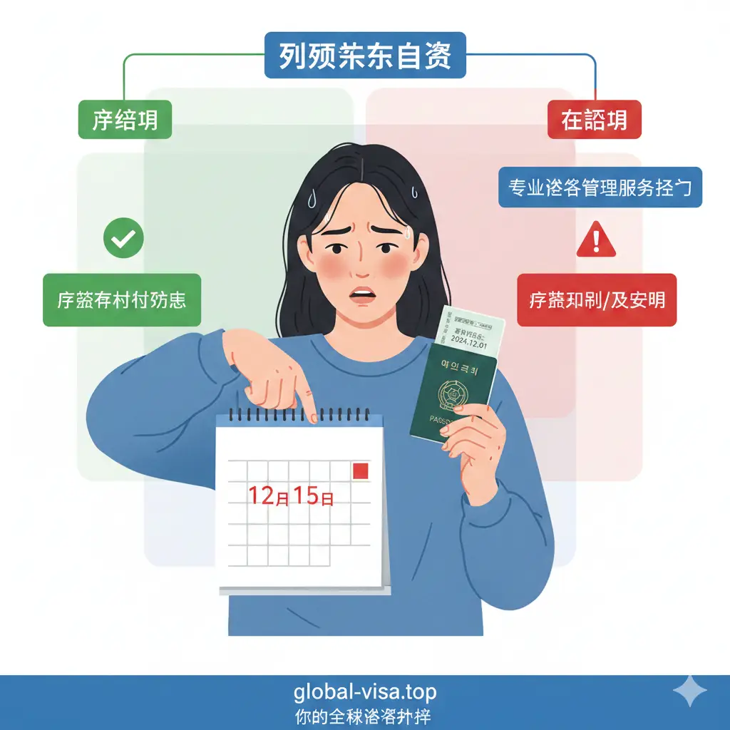 一个功能化的视觉图表或场景图。画面中展示一名年轻留学生正在焦急地对比日历和护照有效期，背景通过半透明层展示‘申请期’与‘在读期’两种场景的逻辑分支。使用简洁的扁平化UI元素，包含红色的警告图标和绿色的打钩图标。色彩以global-visa.top品牌蓝为主色调，强调专业签证管理服务的介入，构图平衡，引导用户进行现状自测。