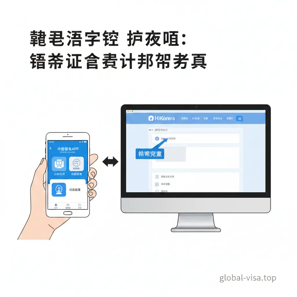 一张清晰的教程步骤示意图。画面展示一只手正在操作智能手机上的‘中国领事APP’，同时背景显示电脑屏幕上的HiKorea官方网站申报界面。图中通过箭头标示出‘上传照片’、‘视频面审’、‘申报完成’的三个关键步骤。设计风格类似于极简插画，使用大量的留白确保视觉中心突出，色调明快，传达出操作流程简单易懂的视觉感受。