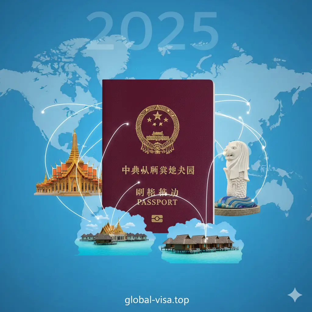 一张具有现代感和视觉冲击力的文章封面图。画面中心是一本深红色的中国护照，周围环绕着2025年免签热门国家如新加坡、泰国、马尔代夫的标志性地标（鱼尾狮、大皇宫、水上屋）。背景采用渐变的蓝色全球地图，点缀着明亮的航线光效。光影明亮，色调以中国红与科技蓝为主，上方留白处隐约可见‘2025’字样，整体构图平衡，展现出大国护照的含金量提升感。