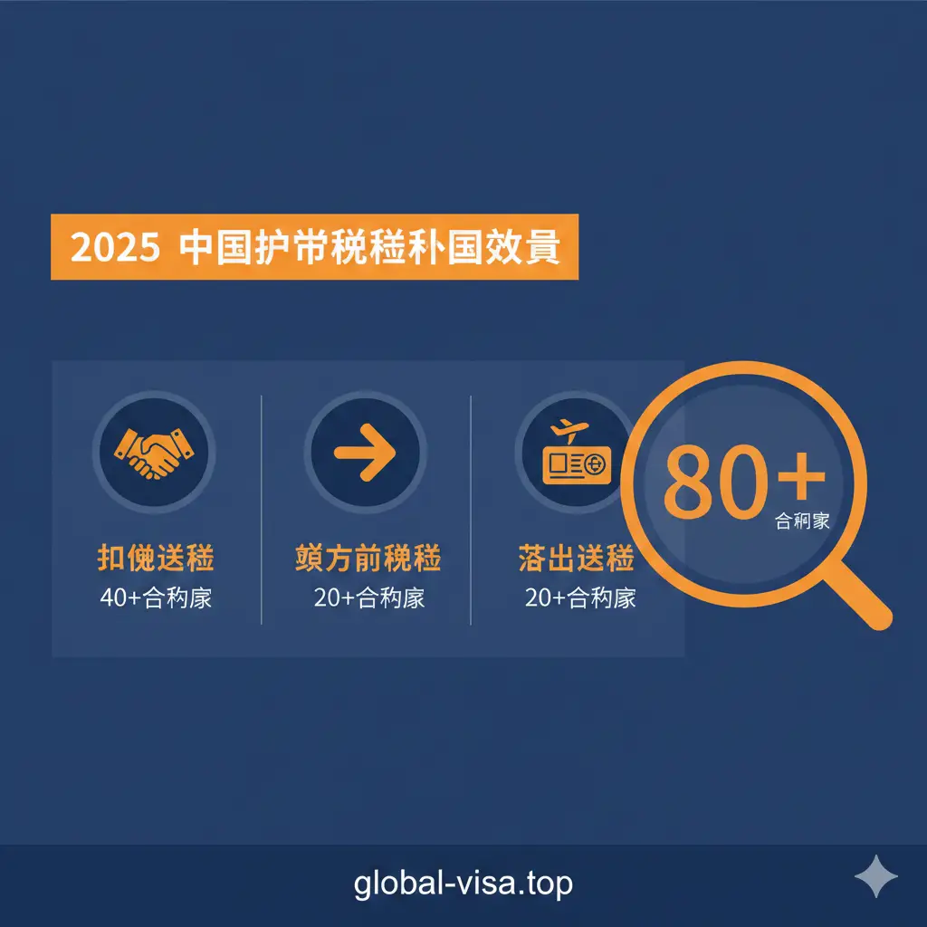 一张展示2025年免签政策分类的功能性插图。采用扁平化设计风格，通过信息图表的形式展示互免签证、单方面免签、落地签三大模块。每个模块配以简约的图标：如握手代表互免，单向箭头代表单方面免签。色彩使用global-visa.top品牌色系的深蓝与亮橙，对比鲜明，排版整洁。画面右侧有一个放大镜聚焦在‘80+个国家’的数字上，便于读者一眼获取核心数据。