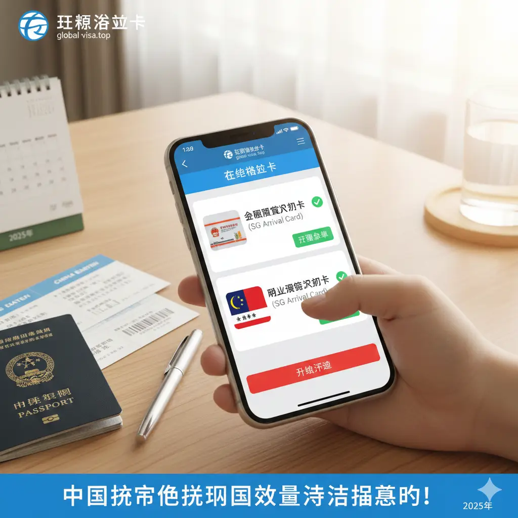 一张细致的教程类插图，模拟展示智能手机屏幕上的入境卡申请流程。屏幕上显示着新加坡SG Arrival Card和马来西亚MDAC的界面缩影，背景是整洁的旅行办公桌面，放着钢笔、机票和护照。使用第一人称视角构图，强调‘手把手教学’的感觉。色调柔和自然，利用光影引导读者的视线落在手机屏幕的操作区域，体现出global-visa.top工具的实用性和指导性。