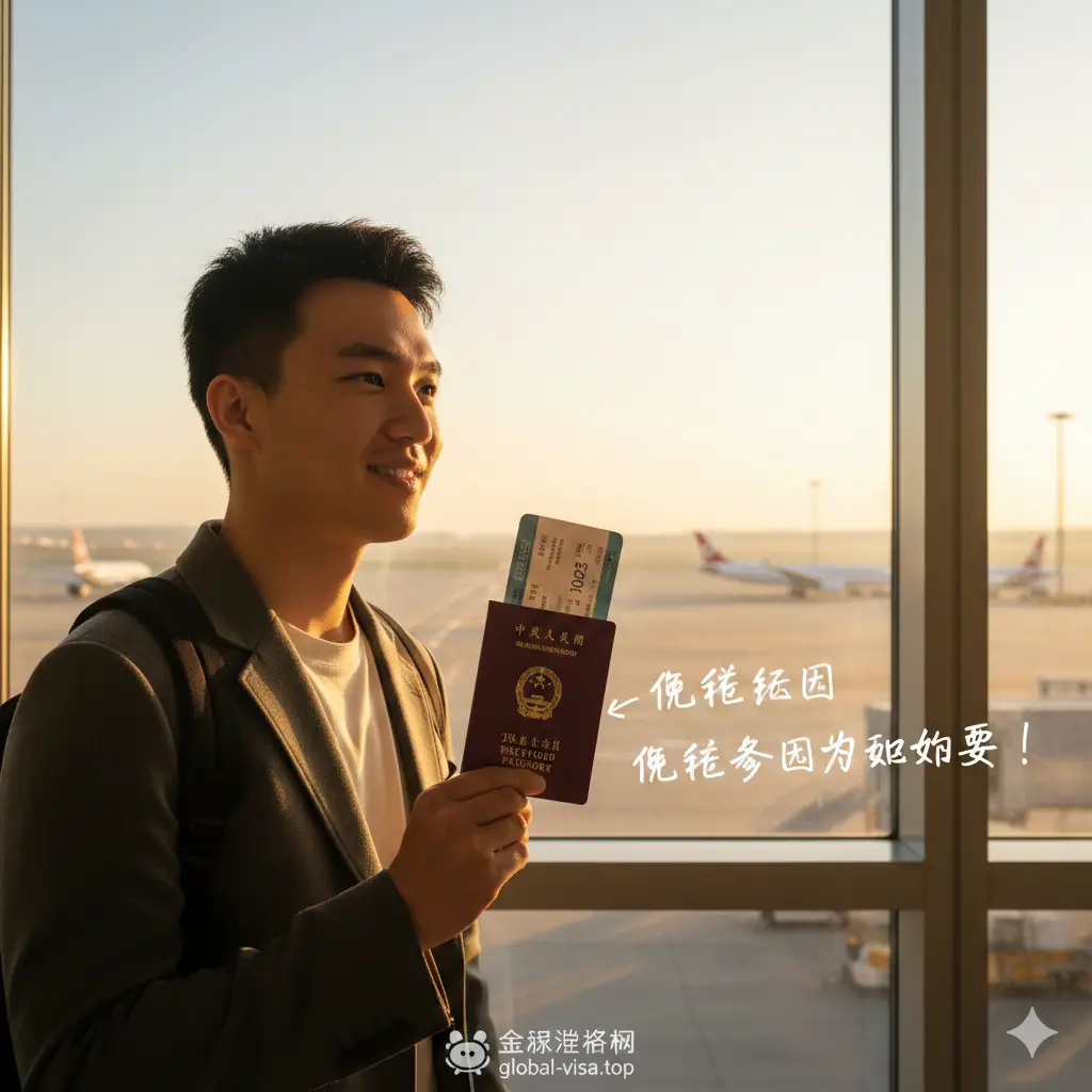 一张体现中国护照优势的写实风格生活化照片。画面展现一位年轻旅行者在机场明亮的落地窗前，手持护照和飞往泰国的机票，背景是整齐停放的飞机和清晨的阳光。构图采用三分法，焦点在护照封面及清晰的‘2025’年份，营造出轻松、自由、说走就走的氛围。光线明亮温暖，传递出免签政策带来的旅行便利和幸福感。