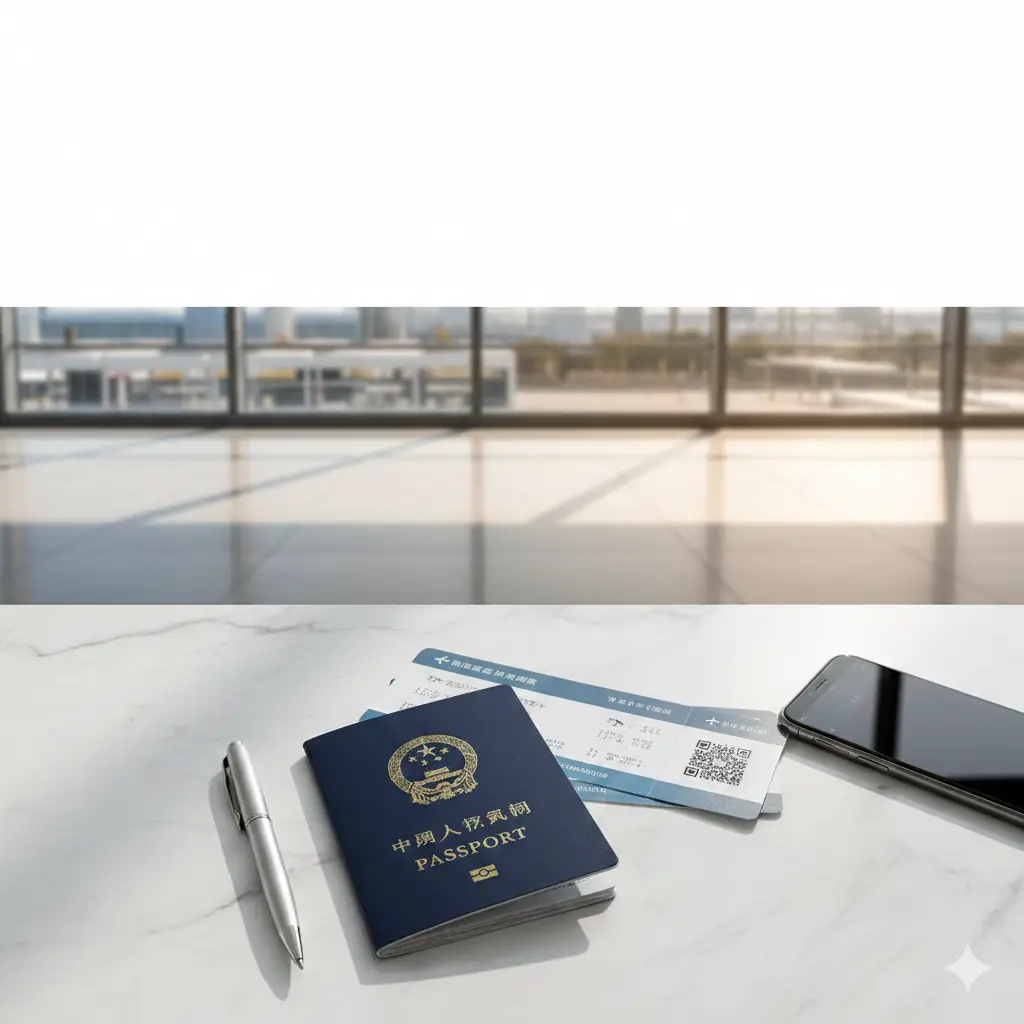 一张极具商务专业感的封面图。画面中央是一本高清的中国护照，放置在干净明亮的白色大理石桌面上，旁边散落着钢笔、智能手机和几张登机牌。背景是模糊的现代化机场航站楼玻璃幕墙，阳光透射进来，营造出‘即刻出发’的紧迫感与期待感。色彩以稳重的深蓝色和明亮的白色为主，构图采用俯拍视角，画面上方留白方便添加文章标题。