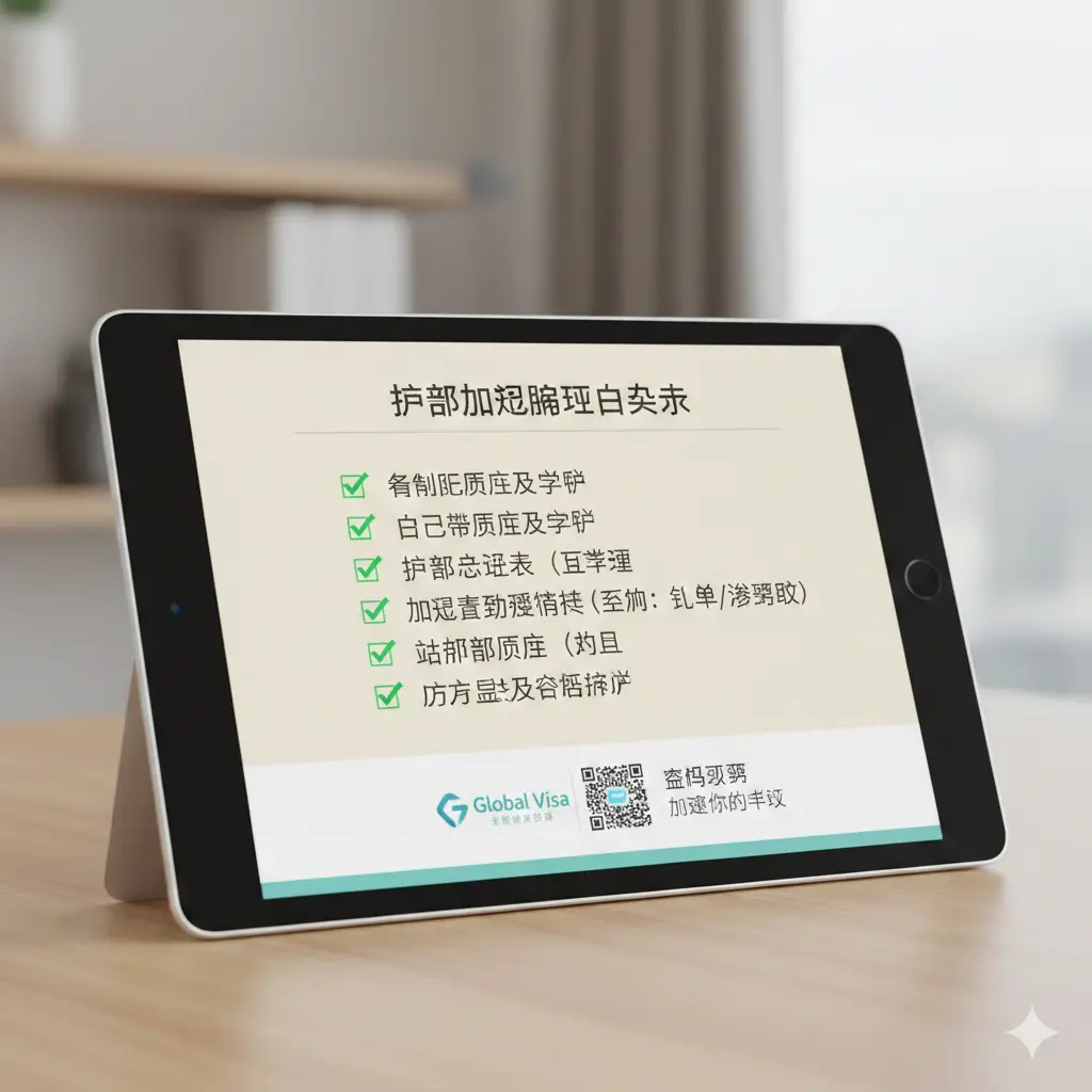 总结性质的核对清单图。背景是柔和的办公室光影，主体是一个精致的电子平板电脑或记事本界面，上面列出了‘加急办理自查表’。每一项前面都有一个亮绿色的勾选框，包含身份证、回执、证明函、申请表等。底部带有Global Visa的品牌Logo和‘扫码预审’的视觉引导。色彩温暖且给人以安心感，构图简洁，强调信息的最后梳理与确认。