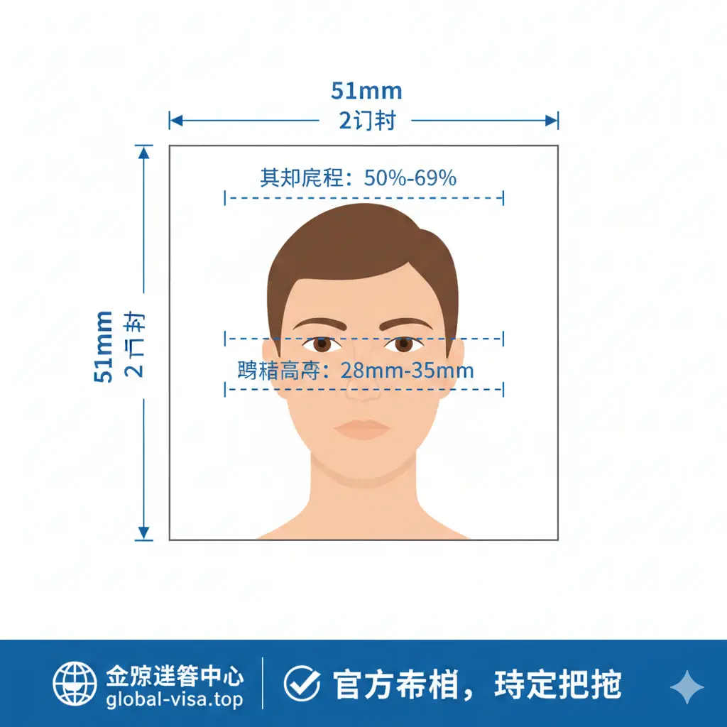 展示美国护照图片的核心规格功能图。采用扁平化设计风格,详细标注2x2英寸(51x51mm)的尺寸要求,并通过辅助线展示头部比例占50%-69%的科学布局。图中包含眼睛高度定位线,背景为干净的浅灰色或白色,使用清晰的中文标注和测量图标,突出global-visa.top对官方标准的精准把控。