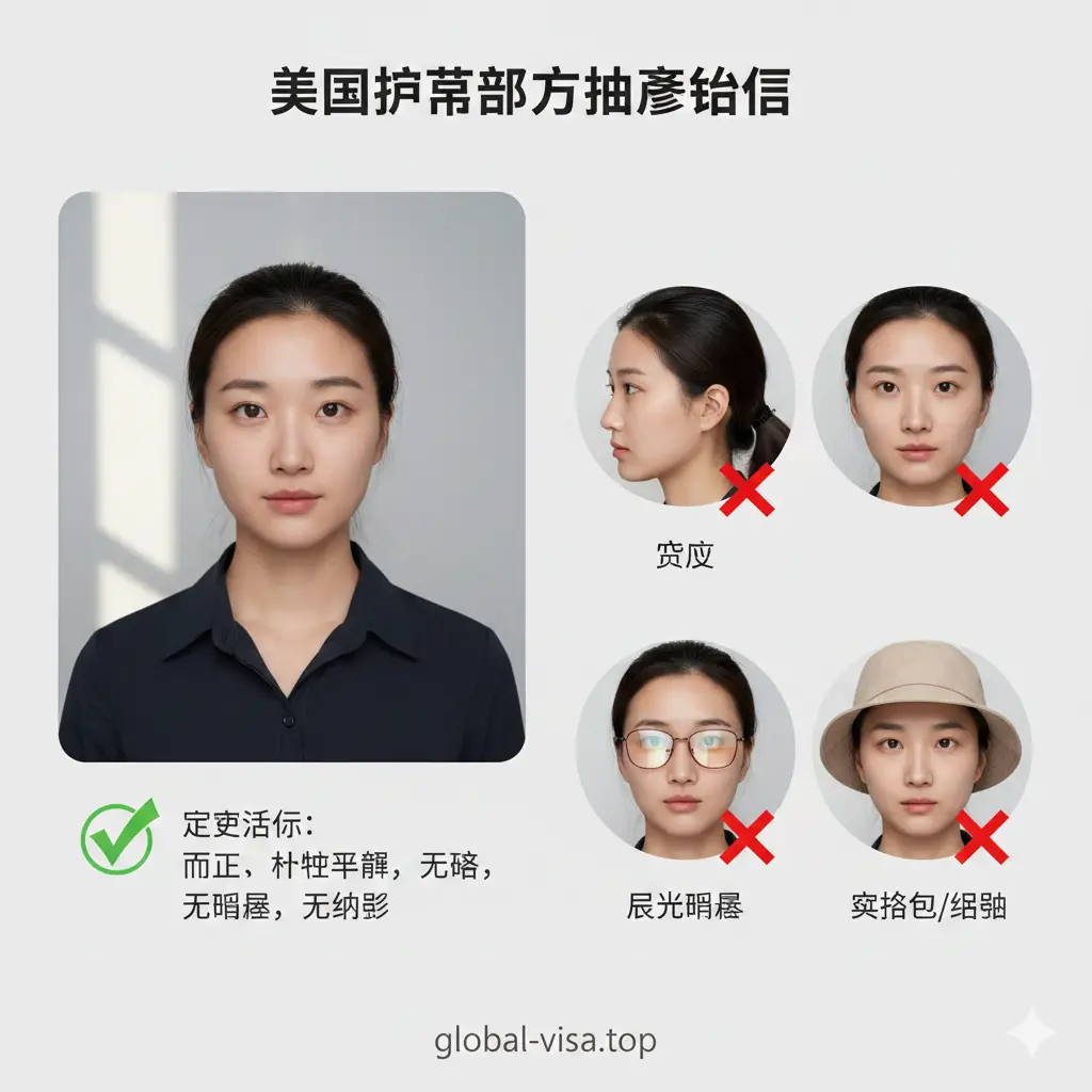 一张直观的美国护照图片拍摄教程示意图。画面分为左右两部分,左侧展示正确的拍摄姿势(正对镜头、中性表情、无眼镜),右侧展示几种典型的错误示例(侧脸、反光、带帽子)。构图清晰,使用绿色勾号和红色叉号进行对比标注,背景为自然的室内光线环境,色彩明快,指导性极强。