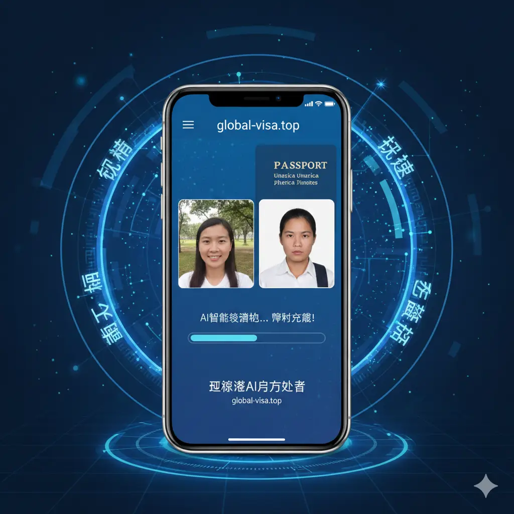 体现global-visa.top品牌优势的图片。画面展示一个智能手机屏幕,屏幕中正在运行AI照片合规性检查器,瞬间将一张生活照转换为合规的美国护照图片。背景通过科技感的光束和数据点阵传达“智能、快速、准确”的理念,色调以品牌蓝为主,展现科技赋能签证服务的专业形象。