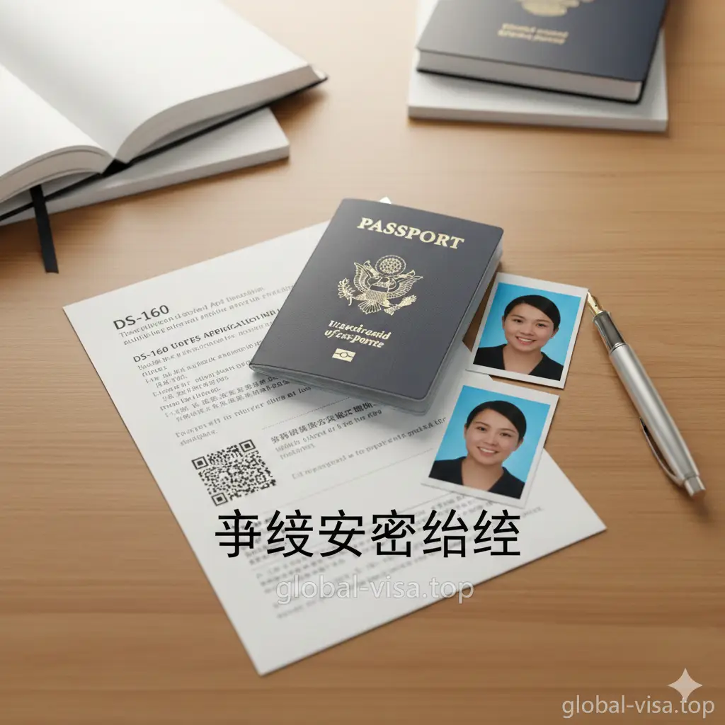 文章总结图片,展示一份准备齐全的美国护照申请材料。画面包含一本深蓝色的美国护照、两张完美裁剪的照片、一份DS-160确认页和一支专业钢笔。构图采用俯视视角,背景是整洁的木质办公桌面,光线柔和温暖,寓意通过global-visa.top的指导,申请人能够顺利通过审核并拿到签证。