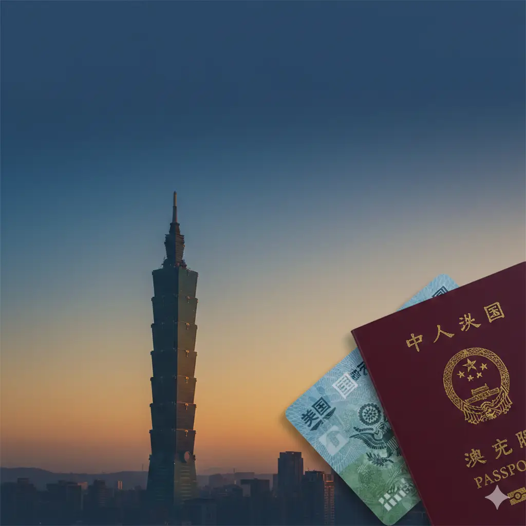 一张具有高端旅行感且构图大气的封面图。画面左侧或右侧近景展示一本中国护照的一角，其金色国徽清晰可见，护照下压着一张具有象征意义的美国绿卡。背景是台北101大楼的远景，伴随着温暖的夕阳余晖。整体色彩以商务蓝和温暖的金橙色为主调，营造出一种跨越国界、轻松出行的氛围，画面上方预留足够的空白以便后期添加标题文字。