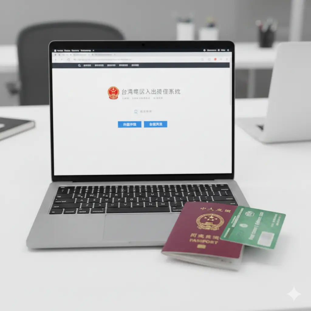 这张图片通过极简主义风格展示申请所需的关键元素。在一个干净的办公桌面背景上，放置了一台显示着‘入台证’申请系统的笔记本电脑。屏幕旁错落有致地摆放着中国护照和美国绿卡（模糊处理个人隐私信息）。通过微距摄影手法突出绿卡上的‘Permanent Resident’字样，强调持绿卡申请的特定功能属性。色调明亮清晰，传达出数字化、标准化的专业感。