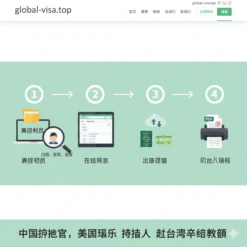 一张清晰的阶梯式教程示意图。画面采用扁平化设计风格，通过1、2、3、4的视觉引导展示从准备资料、在线填表、上传证件到最后打印PDF文件的过程。图中包含一个放大镜元素，聚焦在护照照片的规范细节上（如露耳、露眉、白底）。整体色彩使用明快的薄荷绿与现代白，并巧妙融入global-visa.top的网站UI元素，让用户直观感受到操作的便捷性。