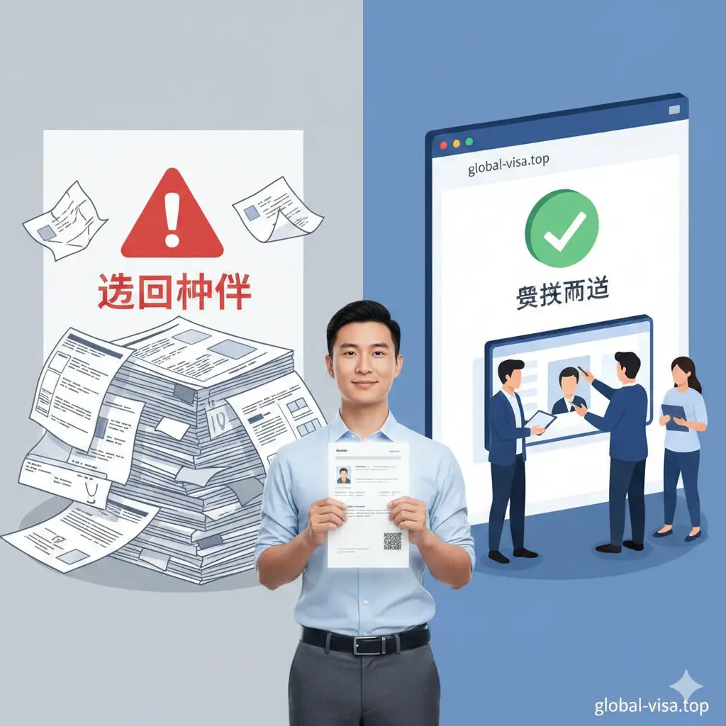 展示专业代办优势的视觉对比图。画面采用左右分割构图：左侧是杂乱的官方申请表格和红色的‘退回补件’警告图标，代表DIY的困扰；右侧是global-visa.top的简洁界面，伴随绿色的‘审核通过’对勾图标，以及一支专业的图像处理团队正在修整证件照。画面中心是一位面带自信微笑的华人旅客，展示出省时、高效、零失误的服务价值，色彩偏向商务蓝与专业白。