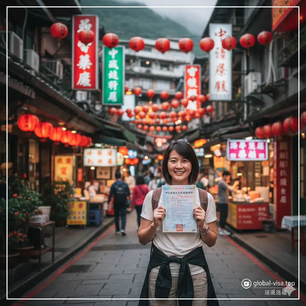 一张富有情感共鸣的总结图片。画面展示一名快乐的华人女性旅客漫步在台北街头或九份老街，背景是色彩斑斓的招牌和红灯笼。她手中拿着一张彩色打印的入台证。构图采用景深虚化效果，重点突出旅行的愉悦感和成功入境后的轻松。色彩鲜艳生动，充满生活气息，配以简洁的线条装饰，寓意一段美好的台湾之旅圆满开启。