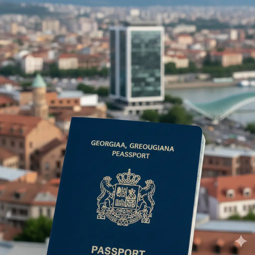 一张极具质感的封面大图，中心位置特写一本深蓝色的格鲁吉亚护照，护照封面上的金色国徽在柔和的光线下闪烁。背景是模糊的第比利斯老城全景与现代欧式建筑的融合，象征其欧盟候选国身份。色调以深蓝、金黄和纯白为主，构图大气，留有足够的空间用于叠加文章标题，展现权威感和全球通行的视觉冲击力。