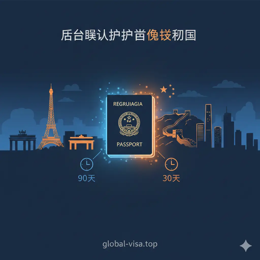 功能展示图片，采用分屏或合成构图。左侧展示标志性的欧洲申根区元素，如埃菲尔铁塔或柏林勃兰登堡门；右侧展示中国长城或现代化都市剪影。中间用一个发光的格鲁吉亚护照图标连接，并辅以时钟图标和‘90 Days’、‘30 Days’的文字标签。色彩明亮，使用商务蓝和活力橙的对比色，突出格鲁吉亚护照在中欧两地的通行功能。